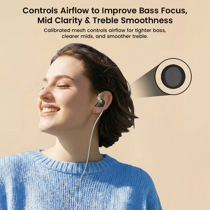 AUDIOCULAR IEM Nozzle Filters enhance bass, mid, and treble clarity, demonstrated by a woman enjoying music with in-ear monitors outdoors.