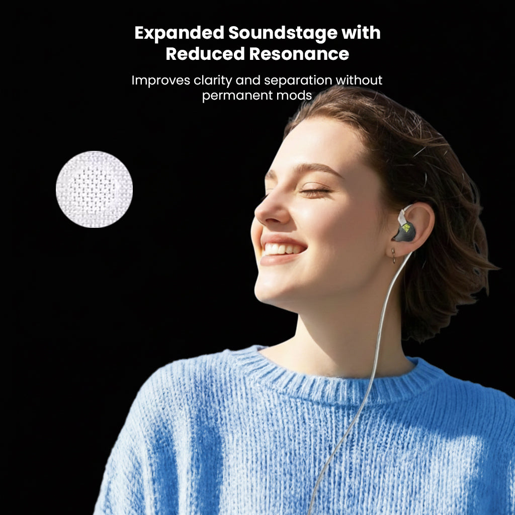 AUDIOCULAR IEM Nozzle Filters Acoustic Mesh shown with a woman enjoying music, highlighting expanded soundstage and reduced resonance benefits.