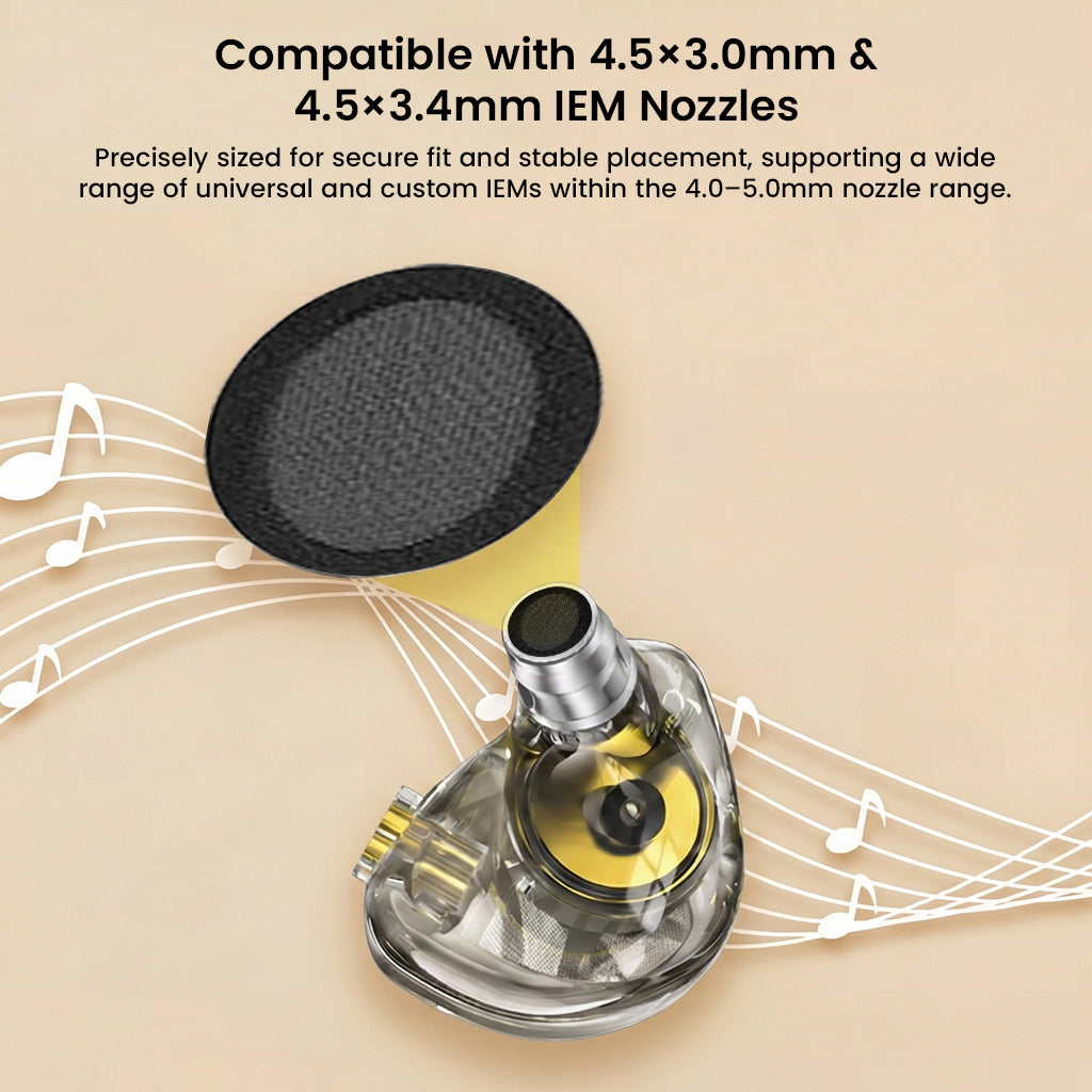 AUDIOCULAR Acoustic Mesh Filters compatible with 4.5×3.0mm and 4.5×3.4mm IEM nozzles, shown fitted on a transparent IEM with musical notes.