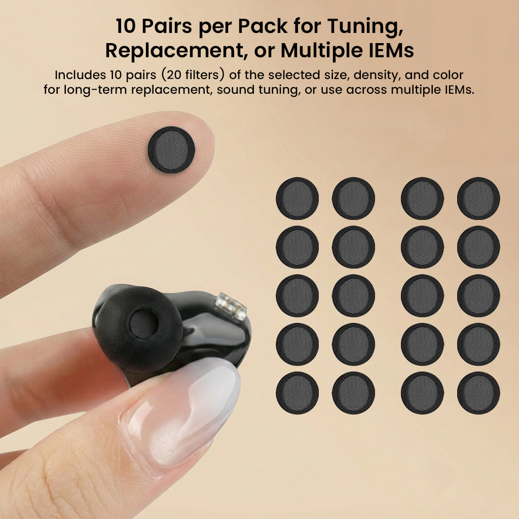 Pack of 10 pairs AUDIOCULAR IEM Nozzle Filters displayed with black mesh filters and IEM, ideal for tuning, replacement, or multiple devices.