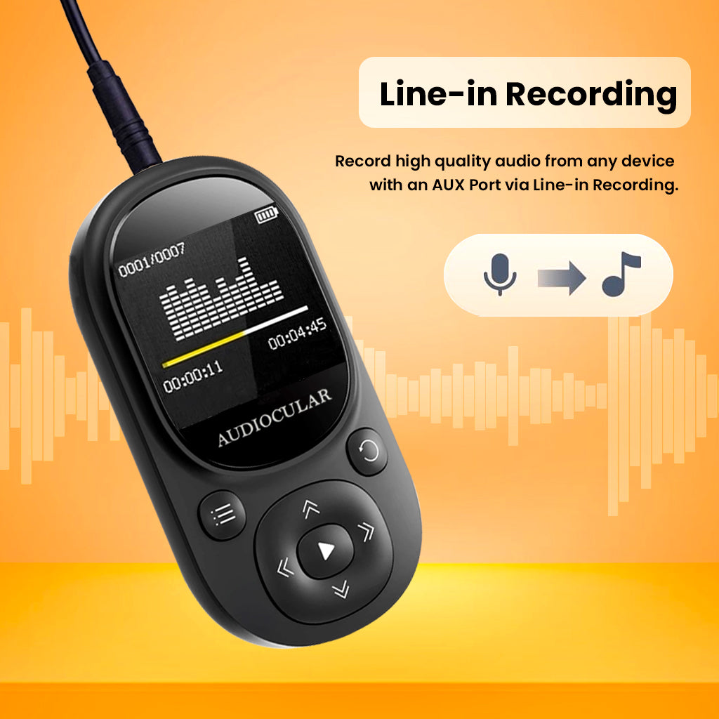 AUDIOCULAR M11 Mp3 Player with line-in recording via AUX port for capturing high-quality audio from external devices.