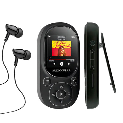 AUDIOCULAR M11 Mp3 Player in white with clip design and control buttons, ideal for stylish and portable music enjoyment.