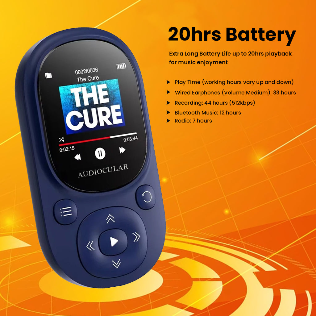 AUDIOCULAR M11 Mp3 Player in blue with 20-hour battery life, offering extended playback for music, Bluetooth, and FM radio.