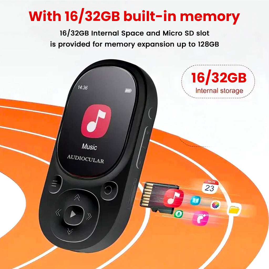 AUDIOCULAR M11 Mp3 Player with Bluetooth 5.0 for wireless audio playback, compatible with headphones, earbuds, and speakers.
