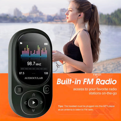 AUDIOCULAR M11 Mp3 Player in blue with 20-hour battery life, supports long playback for music, Bluetooth, and FM radio.