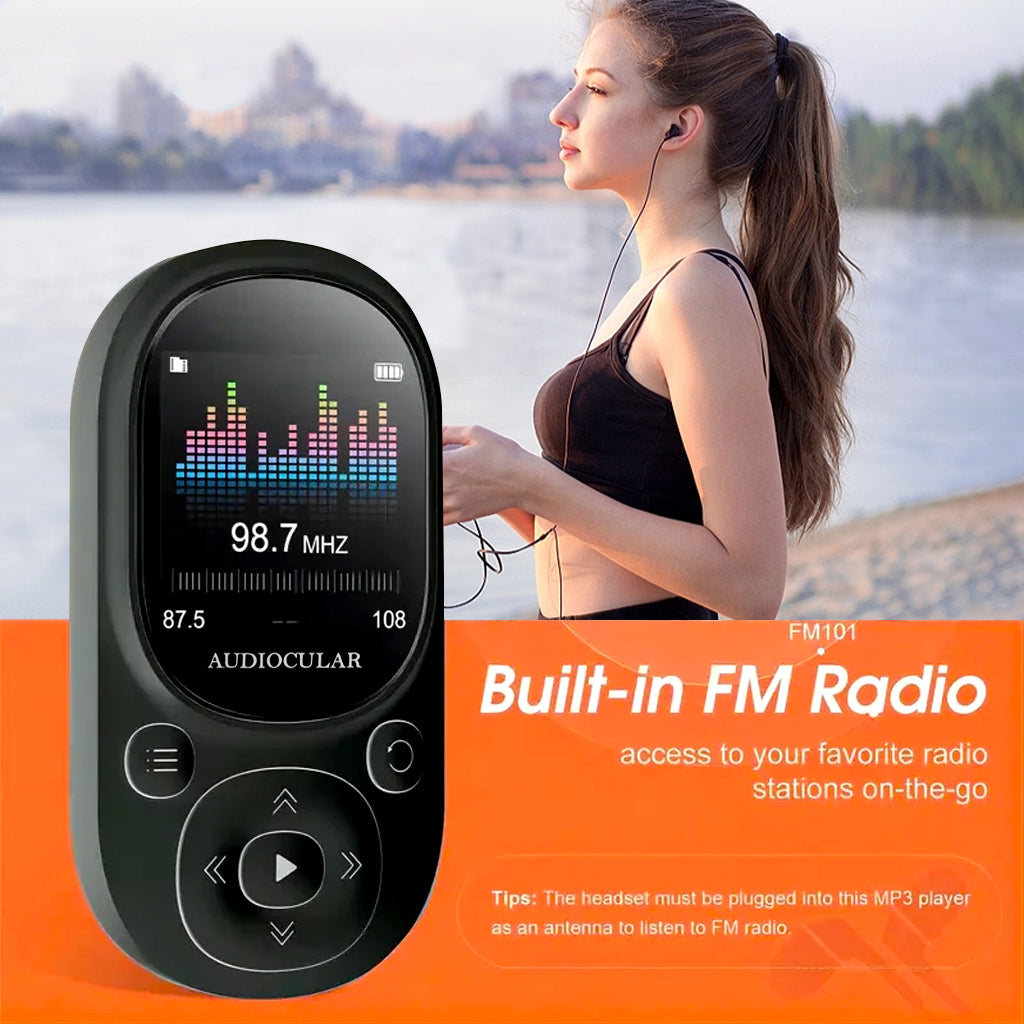 AUDIOCULAR M11 Mp3 Player with built-in FM radio, allowing users to tune into radio stations while on the move using wired headphones as antenna.