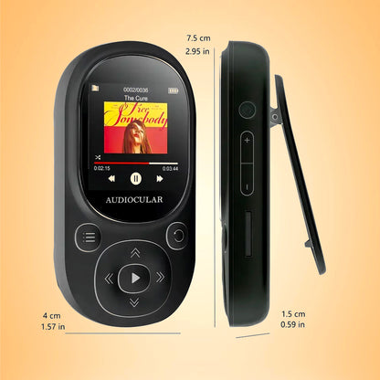AUDIOCULAR M11 Mp3 Player in blue with clip and wired earphones, designed for portable and high-quality music playback.