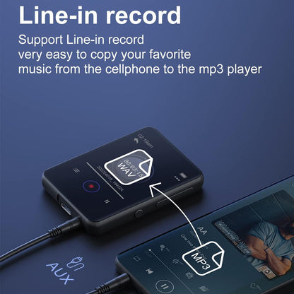 AUDIOCULAR M31 Mp3 Player with line-in recording feature, allowing easy music transfer from phone to player via AUX cable.