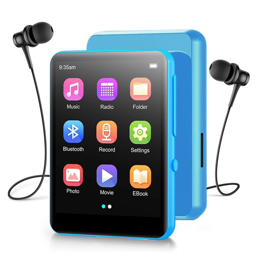 AUDIOCULAR M31 Mp3 Player in blue with wired earphones, supporting music, video, Bluetooth, and eBook playback.