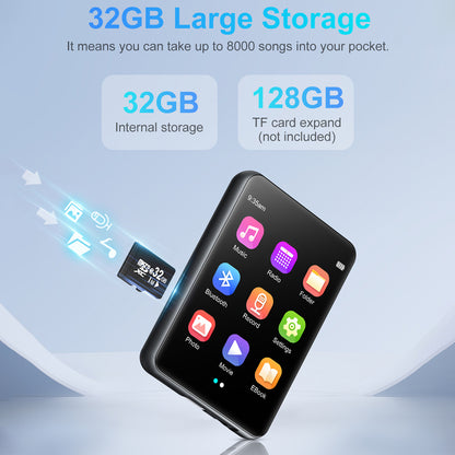 AUDIOCULAR M31 Mp3 Player with 32GB internal storage and TF card slot supporting up to 128GB for music, video, and more.