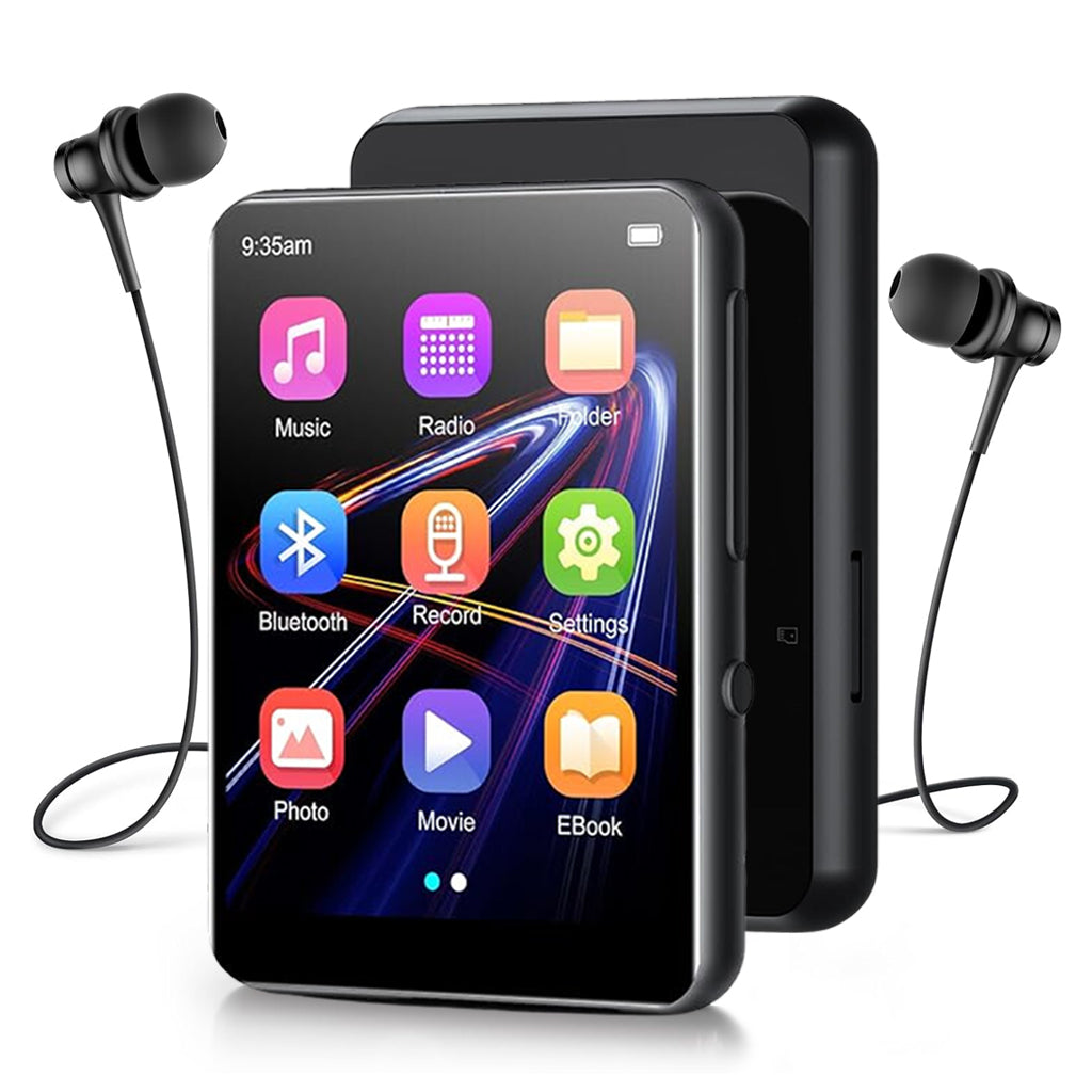 AUDIOCULAR M31 Mp3 Player in black with included wired earphones, showcasing multimedia app interface and compact design.