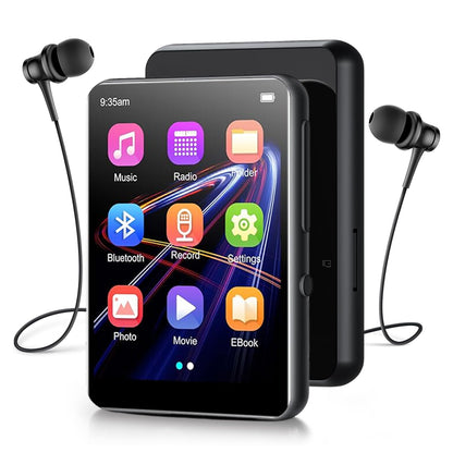 AUDIOCULAR M31 Mp3 Player in black with included wired earphones, showcasing multimedia app interface and compact design.