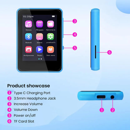 AUDIOCULAR M31 Mp3 Player product showcase highlighting Type-C port, headphone jack, volume controls, power button, and TF card slot.