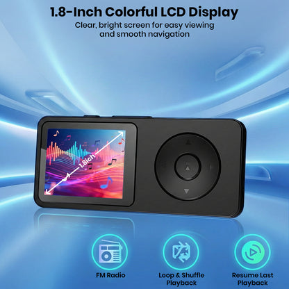 AUDIOCULAR M61 Mp3 Player with 1.8-inch colorful LCD display, offering easy navigation and playback features like loop and resume.