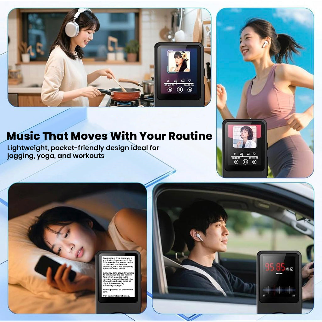 AUDIOCULAR M61 Mp3 Player shown in daily routines like cooking, jogging, and driving, highlighting its portability and versatility.