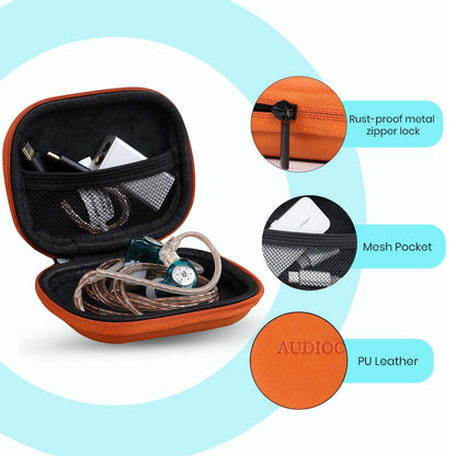 AUDIOCULAR Nano PU Leather Earphone Case for IEMs featuring rust-proof zipper, mesh pocket, and durable shockproof design.
