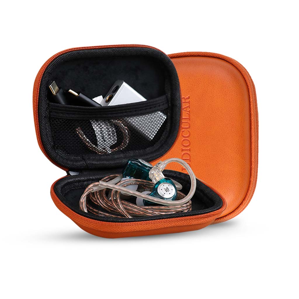 AUDIOCULAR Earphone Case for IEMs with Nano PU leather, mesh pocket, and metal zipper, storing earphones and audio gear securely.
