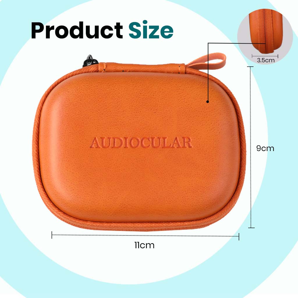 AUDIOCULAR Nano PU Leather Earphone Case dimensions: 11cm x 9cm x 3.5cm, compact and travel-friendly for IEMs and audio gear.