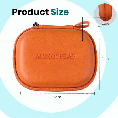 AUDIOCULAR Nano PU Leather Earphone Case dimensions: 11cm x 9cm x 3.5cm, compact and travel-friendly for IEMs and audio gear.