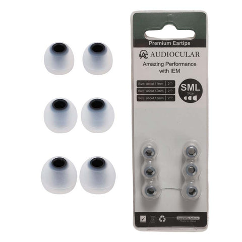 AUDIOCULAR - SiliFlex Silicone Eartips for IEMs in SML sizes, featuring 6 black and white eartips with 4.5mm inner diameter for universal IEM fit.