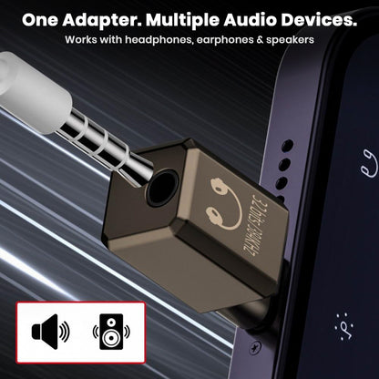 AUDIOCULAR USB-C DAC Adapter connected to a phone, supporting headphones, earphones, and speakers with 32bit 384kHz audio output.