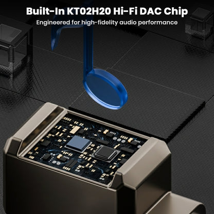 Close-up of AUDIOCULAR USB-C Adapter's KT02H20 Hi-Fi DAC chip, engineered for high-fidelity audio performance and clarity.