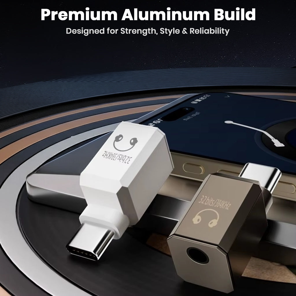 White and black AUDIOCULAR USB-C DAC Adapters with premium aluminum build, designed for strength, style, and reliability.