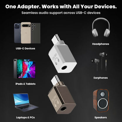 AUDIOCULAR USB-C DAC Adapter compatible with USB-C phones, tablets, laptops, headphones, and speakers for universal audio support.