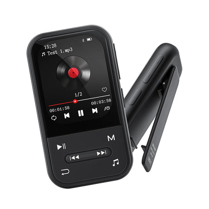 AUDIOCULAR X20 Clip MP3 Player with Bluetooth 5.3 and 32GB storage shown in sleek black design with clip and playback screen.