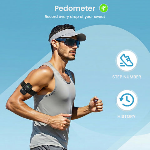 Man jogging with AUDIOCULAR X20 Clip MP3 Player attached to armband, highlighting built-in pedometer and fitness tracking features.