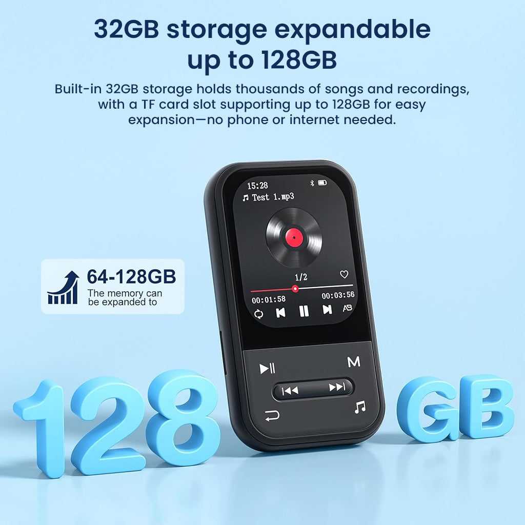 AUDIOCULAR X20 MP3 Player with 32GB internal storage and TF card slot supporting up to 128GB for expanded media capacity.