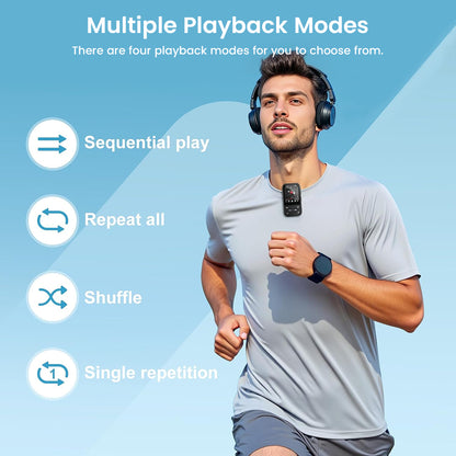 Man running with AUDIOCULAR X20 Clip MP3 Player, illustrating multiple playback modes including shuffle, repeat, and sequential play.