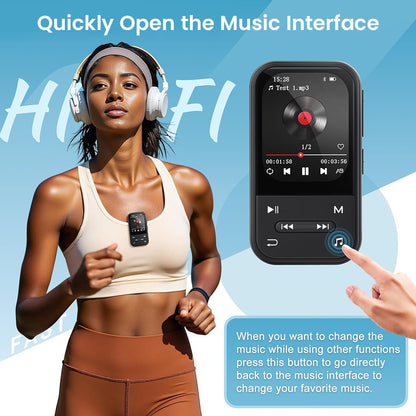 Woman exercising with AUDIOCULAR X20 MP3 Player clipped on, demonstrating quick access to music interface for easy control.