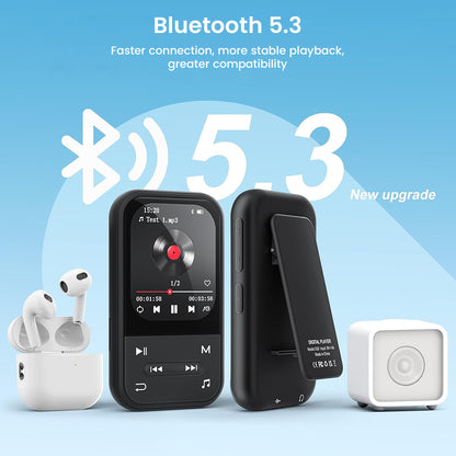 AUDIOCULAR X20 Clip MP3 Player with Bluetooth 5.3 shown alongside wireless earbuds and speaker, emphasizing fast, stable connection.