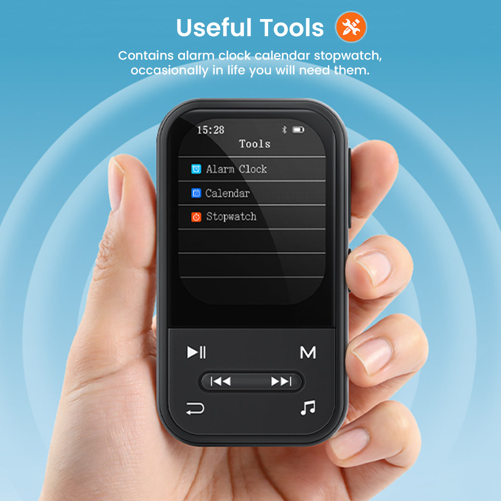 Hand holding AUDIOCULAR X20 MP3 Player displaying built-in tools like alarm clock, calendar, and stopwatch for daily convenience.