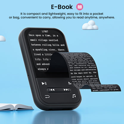 AUDIOCULAR X20 Clip MP3 Player shown with e-book reader function, highlighting portable design for reading on the go.