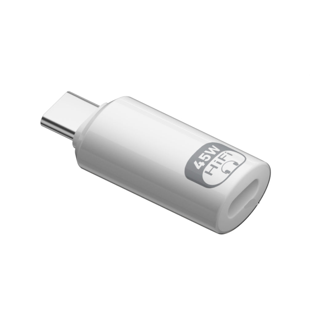 AUDIOCULAR 45W USB-C to Lightning Audio & Charging Adapter with Hi-Fi label, compact white design for fast charging and audio transfer.