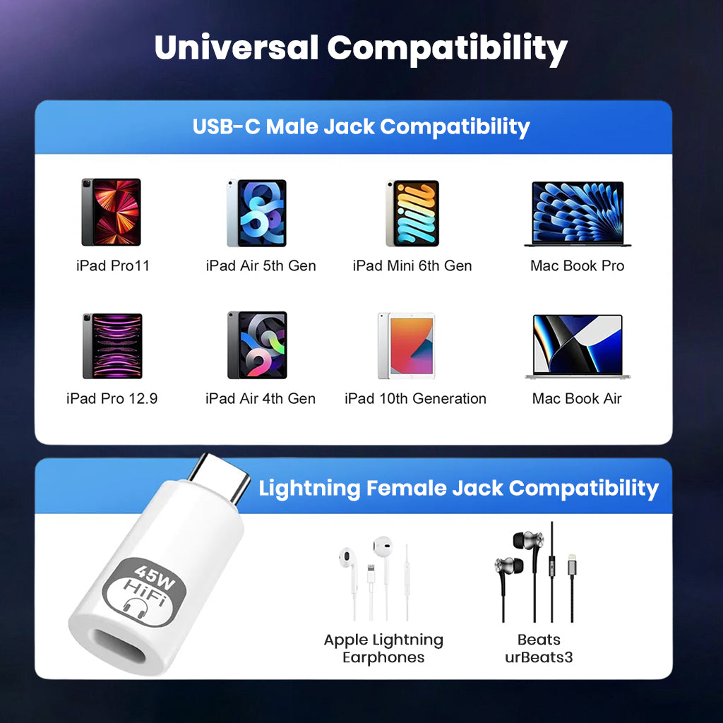 AUDIOCULAR Adapter offers universal compatibility with USB-C devices and Lightning earphones including Apple and Beats models.