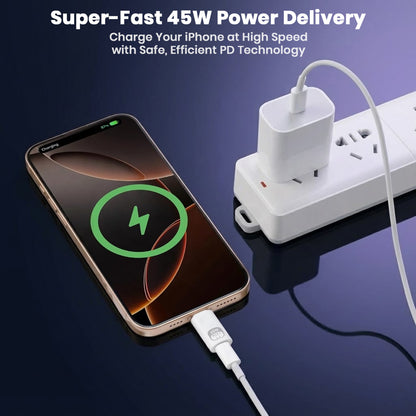 AUDIOCULAR USB-C to Lightning Adapter supports 45W power delivery for fast and safe iPhone charging via PD technology.