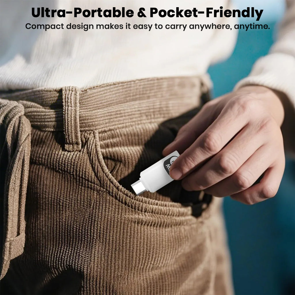 AUDIOCULAR Adapter features a compact, pocket-friendly design for easy portability and on-the-go use.