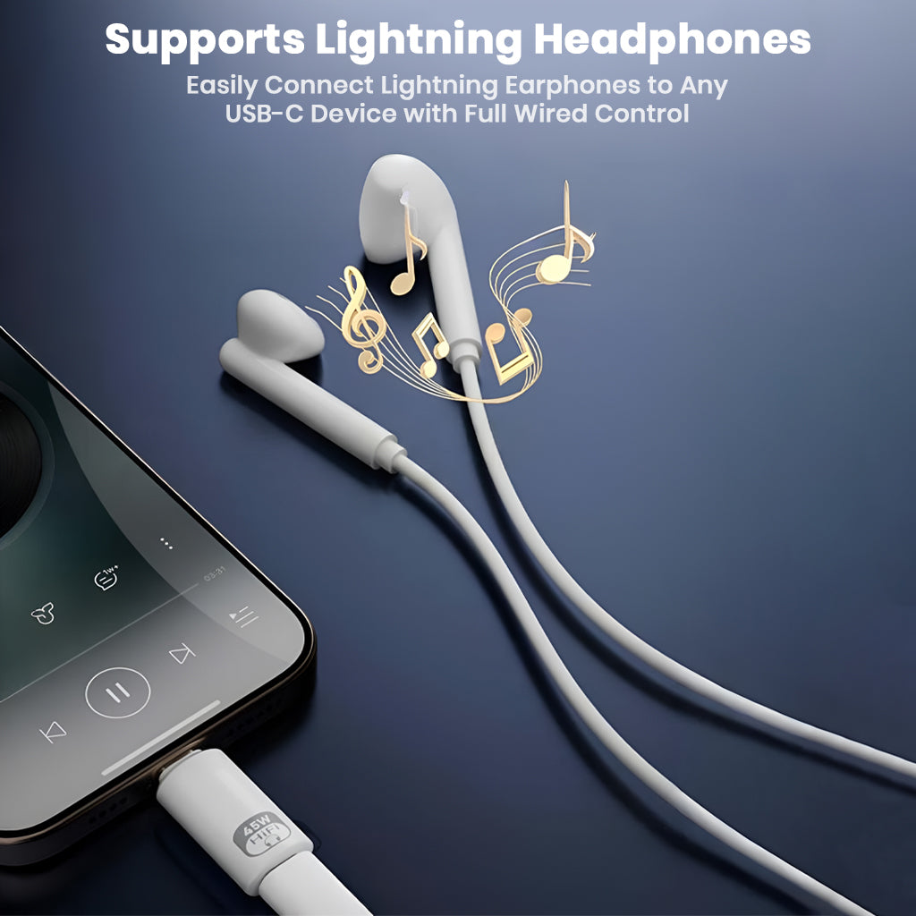 AUDIOCULAR USB-C to Lightning Adapter connects Lightning earphones to USB-C devices, enabling full wired control and audio playback.