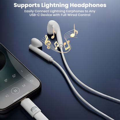 AUDIOCULAR USB-C to Lightning Adapter connects Lightning earphones to USB-C devices, enabling full wired control and audio playback.