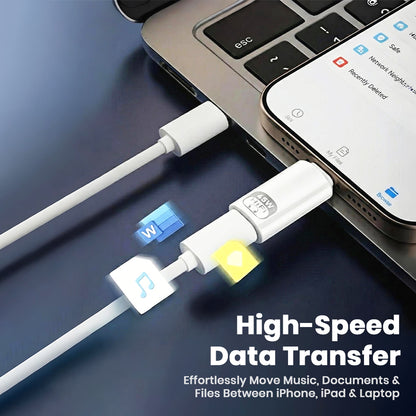 AUDIOCULAR USB-C to Lightning Adapter supports high-speed data transfer between iPhone, iPad, and laptops for music and file sharing.