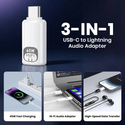 AUDIOCULAR 3-in-1 USB-C to Lightning Adapter supports 45W fast charging, Hi-Fi audio, and high-speed data transfer in one device.
