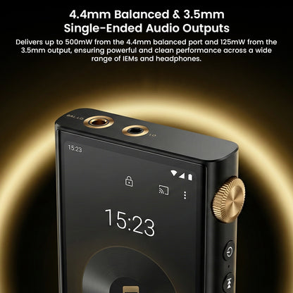 AUDIOCULAR Nexus HiFi Android 12 Digital Audio Player with gold accents and touchscreen display