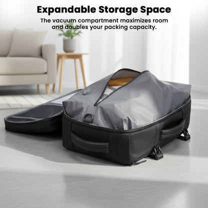 TECPHILE 35L travel backpack with expandable vacuum storage compartment, doubling packing capacity for efficient travel.