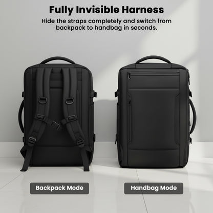 TECPHILE 35L backpack with invisible harness system, easily converting between backpack and handbag modes for versatile use.