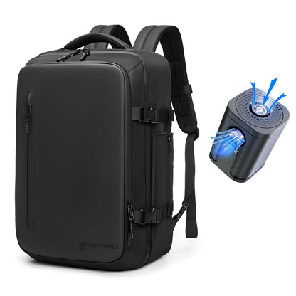TECPHILE 35L backpack with vacuum compression pump illustration, highlighting air removal feature for compact packing.