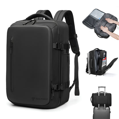 TECPHILE 35L Vacuum Backpack for Travelling fit for 16” Laptop Bag with waterproof exterior, side straps, and front zipper pocket.