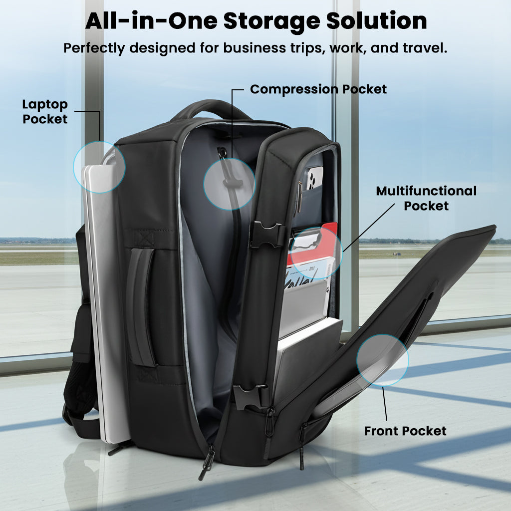 TECPHILE AirFlex 35L backpack open to show laptop sleeve, compression pocket, and multifunctional compartments for organized travel.